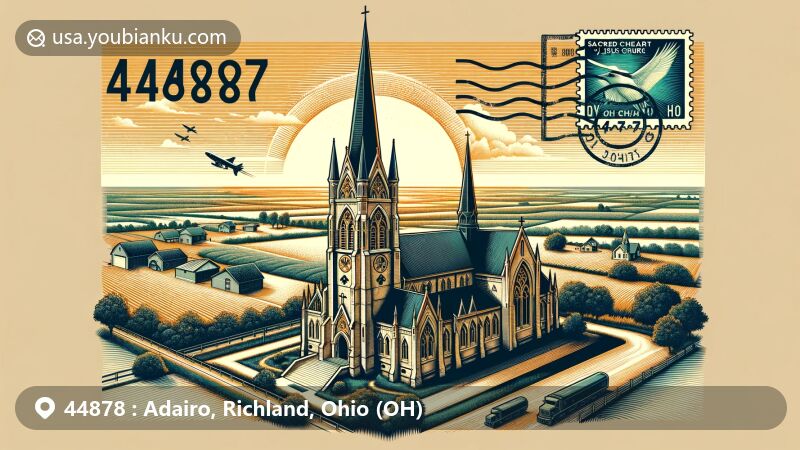 Modern illustration of Adairo, Richland County, Ohio, featuring ZIP code 44878 and the iconic Sacred Heart of Jesus Church in Gothic Revival style, set in a vintage postcard theme with hints of travel and Ohio's agricultural heritage.