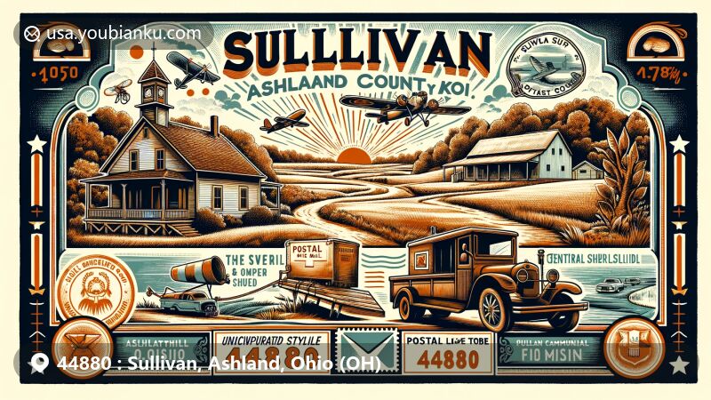 Modern illustration of Sullivan, Ohio, showcasing postal theme with ZIP code 44880, featuring old Sullivan High School and rural landscape of central Sullivan Township, Ashland County.