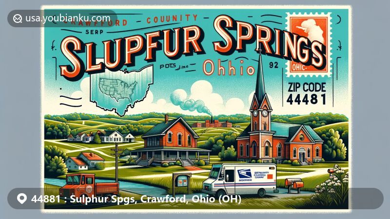 Modern illustration of Sulphur Springs, Crawford County, Ohio, featuring sedevacantist Catholic church, postal elements like post office, stamps, mail truck, and mailbox, showcasing postal heritage with county and state shapes, hinting at lush natural scenery. Displays 'Sulphur Springs, Ohio' and 'ZIP code 44881' for accuracy and charm.