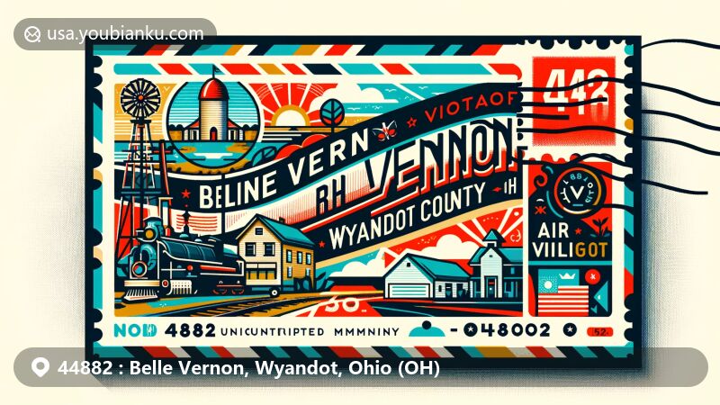 Modern illustration of Belle Vernon, Wyandot County, Ohio, featuring ZIP code 44882, showcasing the area's geography, history, and cultural elements, with vintage postal elements like a postage stamp, postmark, and air mail envelope border.