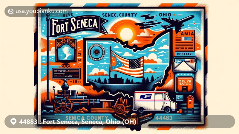 Modern illustration of Fort Seneca, Seneca County, Ohio, merging historical War of 1812 fort silhouette, Ohio flag, Seneca County map outline, and postal elements with ZIP code 44883.