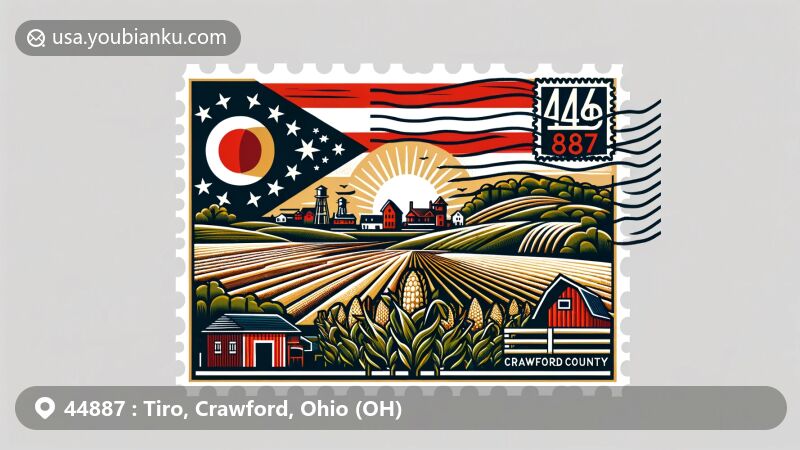 Modern illustration of Tiro, Crawford County, Ohio, capturing the rural charm and community spirit, featuring a postal element with ZIP code 44887 and a symbolic stamp.