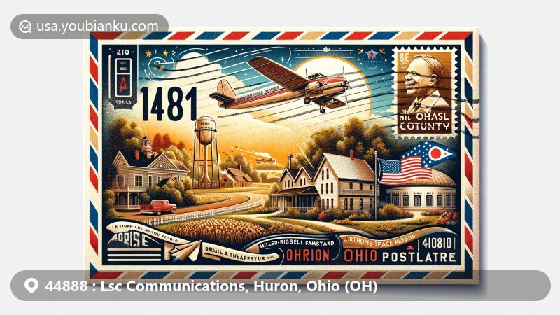 Modern illustration of ZIP code 44888, Huron County, Ohio, featuring historic landmarks like Miller-Bissell Farmstead and Norwalk Theatre, Armstrong Air & Space Museum, and Ohio state symbols.