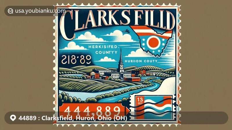 Modern illustration of Clarksfield, Huron County, Ohio, integrating postal theme with ZIP code 44889, featuring State Route 18 and Vermilion River.