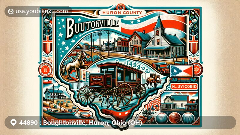 Modern illustration of Boughtonville, Huron County, Ohio, showcasing vintage postal theme with antique postal stamp, old-fashioned post office, and classic postal carriage.