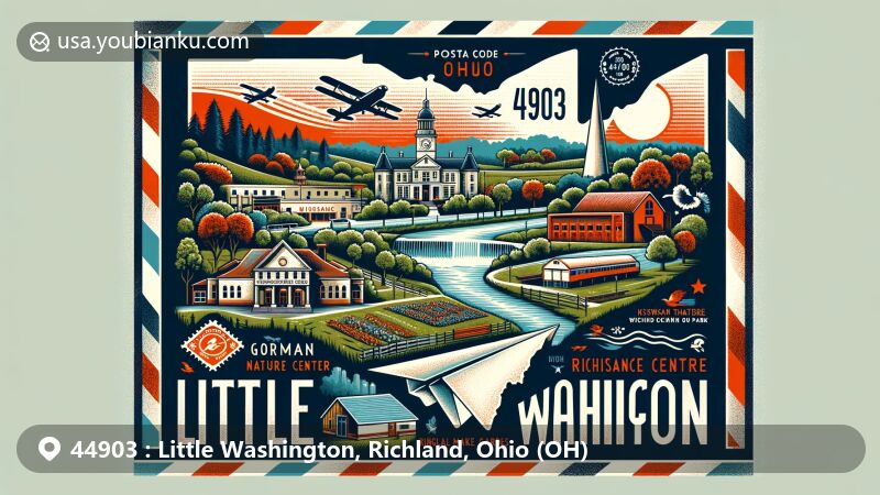 Modern illustration of Little Washington, Richland County, Ohio (ZIP code 44903), featuring The Shawshank Trail, Renaissance Theatre, Gorman Nature Center, Kingwood Center Gardens, and Charles Mill Lake Park, along with postal design elements like air mail envelope and stamps.
