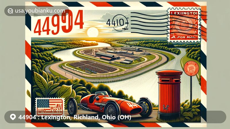 Modern illustration of Lexington, Ohio, in Richland County, featuring Clear Fork River, Mid-Ohio Sports Car Course, vintage air mail envelope, red postbox, and Ohio state flag stamp.