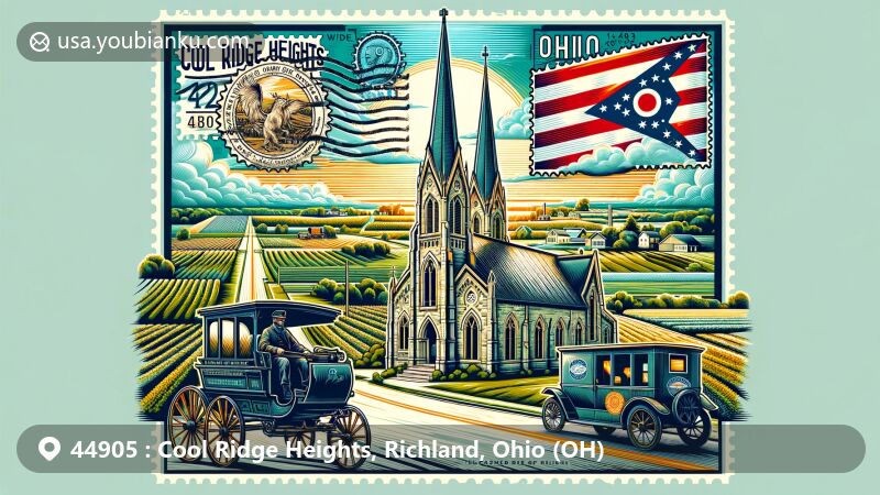 Modern illustration of Cool Ridge Heights, Richland County, Ohio, highlighting Sacred Heart of Jesus Church with Gothic Revival architecture, lush landscapes, postal elements, and Ohio state flag.