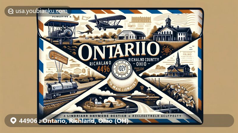 Modern illustration of Ontario, Richland County, Ohio, with ZIP code 44906, featuring historical elements, landmarks like Malabar Farm State Park, and postal themes on vintage air mail envelope.