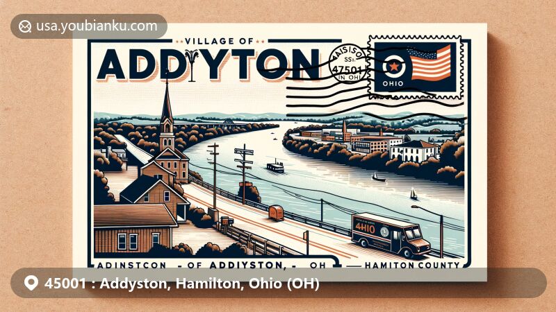 Modern illustration of Addyston, Ohio, featuring scenic views along the Ohio River and the silhouette of Village of Addyston Historic District, with a postage stamp and postmark displaying '45001 Addyston, OH' and 'Hamilton County'. Incorporating postal elements like mailbox and mail truck, along with Ohio state flag, highlighting postal and regional characteristics, in a wide format suitable for web illustrations.