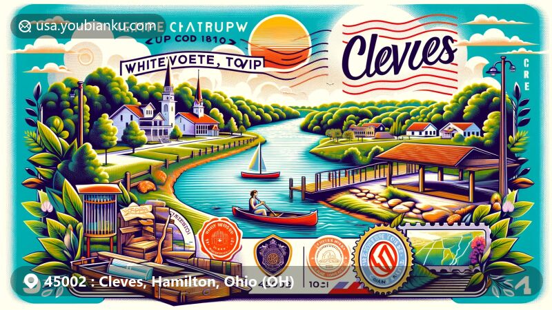 Modern illustration of Cleves, Hamilton County, Ohio, celebrating ZIP code 45002 with Whitewater Township logo from 1803 and Green Acres Canoe area.