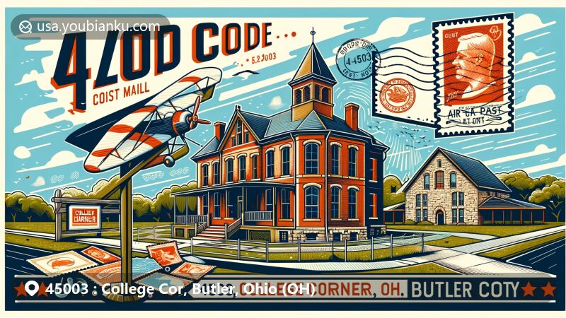 Modern illustration of College Corner, Butler County, Ohio, with postal theme and ZIP code 45003, featuring air mail envelope, stamps, and postmark, along with local landmarks Hueston Woods State Park and historic Howe Tavern.