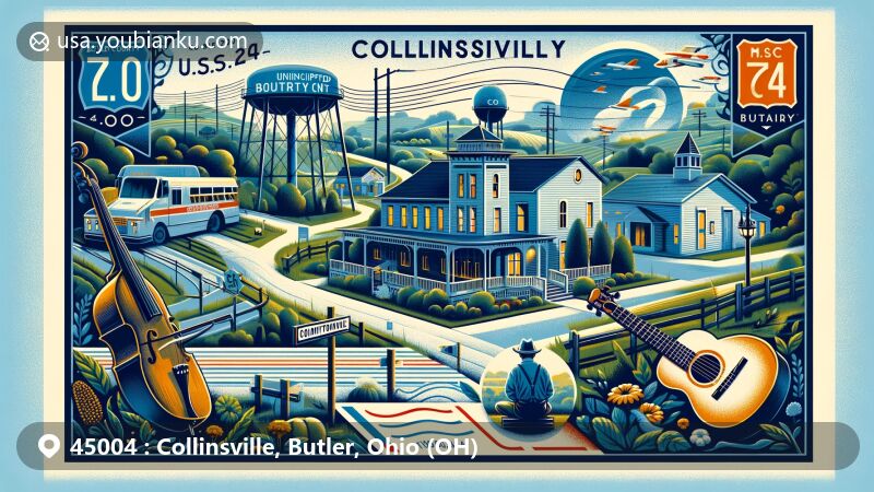Modern illustration of Collinsville, Ohio, featuring postal theme with ZIP code 45004, showcasing the rural charm of U.S. Route 127 and State Route 73 intersection, Collinsville Community Center, and Butler County Bluegrass Association elements.