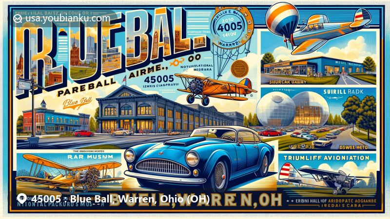Modern illustration of Blue Ball, Warren, Ohio, highlighting key landmarks and cultural elements, including the National Packard Museum with vintage automobiles, Trumbull Art Gallery with local artworks, Sutliff Museum showcasing historical artifacts, and Ernie Hall Aviation Museum featuring vintage aircraft.