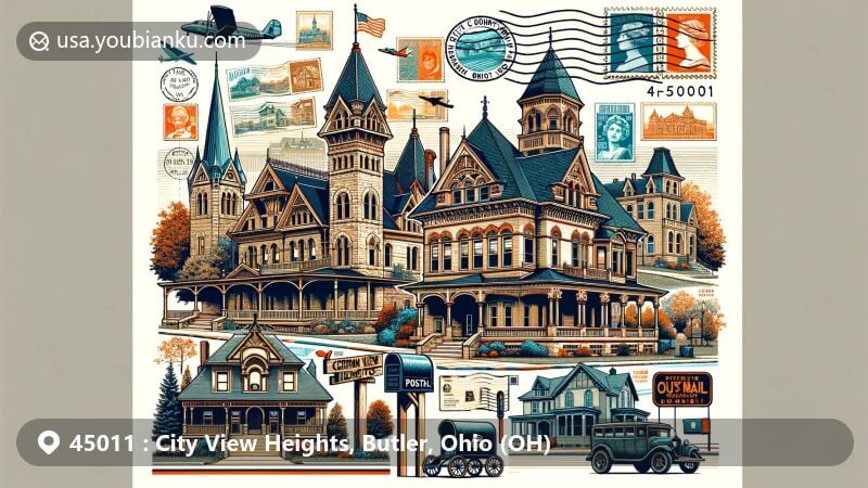Creative illustration of City View Heights, Butler County, Ohio, blending architectural landmarks like German Village Historic District and Butler County Courthouse with postal theme, featuring vintage postcard elements and postal stamps.
