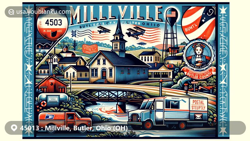 Modern illustration of Millville, Butler County, Ohio, featuring postal theme with ZIP code 45013, showcasing local landmarks like Black Covered Bridge and Butler County Courthouse.