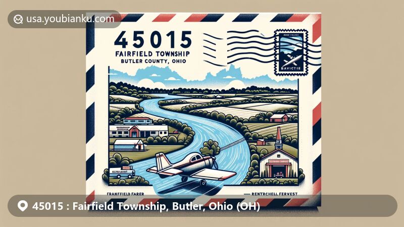 Modern illustration of Fairfield Township, Butler County, Ohio, highlighting postal theme with ZIP code 45015, featuring aviation-themed envelope with Great Miami River stamp, integrating Butler County outline and township's evolution into urban area.
