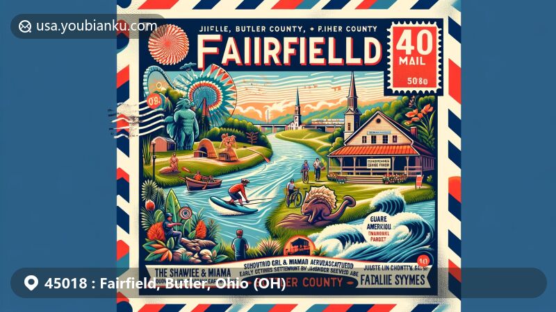 Modern illustration of Fairfield, Butler County, Ohio, blending local culture, history, and postal elements. Features Great Miami River, Shawnee and Miami tribes, Hopewell and Adena earthworks, Judge John Cleves Symmes settlement, vintage air mail envelope, ZIP Code 45018, Harbin Park, Wake Nation, Jungle Jim’s International Market, Black Covered Bridge, Butler County Warbirds Museum.