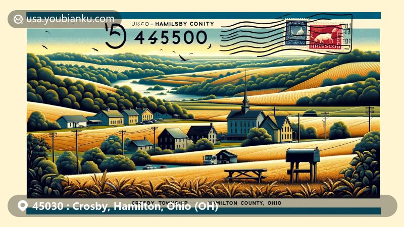 Modern illustration of Crosby Township, Hamilton County, Ohio, featuring postal theme with ZIP code 45030, showcasing tranquil landscapes, Great Miami River, and Whitewater Shaker Village.