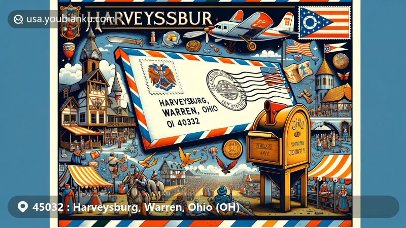 Modern illustration of Harveysburg, Warren, Ohio (OH) area with ZIP code 45032, featuring airmail envelope, Ohio Renaissance Festival, state flag, and American mailbox.