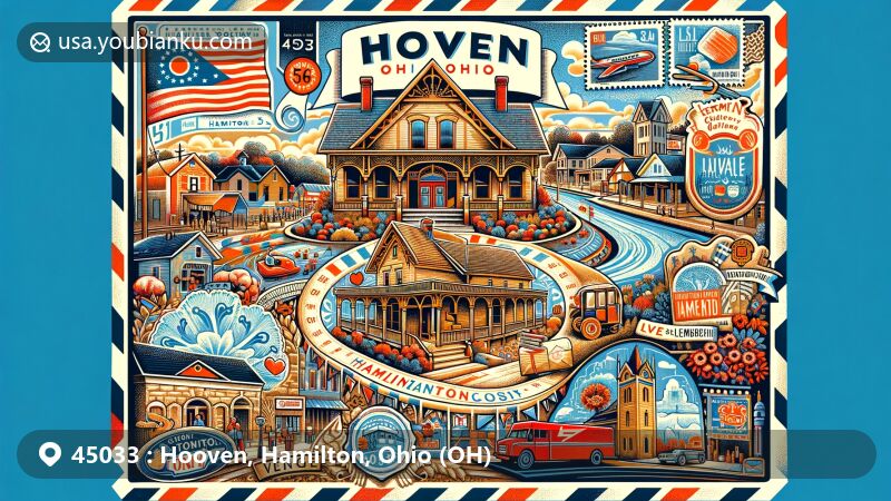 Modern illustration of Hooven, Ohio, highlighting Lane–Hooven House and local cultural events, featuring vintage airmail envelope, postage stamps, postmark with ZIP Code 45033, and postal delivery elements in Hamilton County, Ohio.
