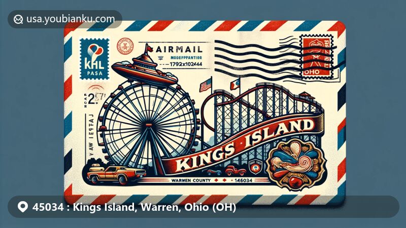Modern illustration of Kings Island, Warren, Ohio, portraying postal theme with ZIP code 45034, highlighting iconic amusement park attractions like roller coasters and a Ferris wheel.