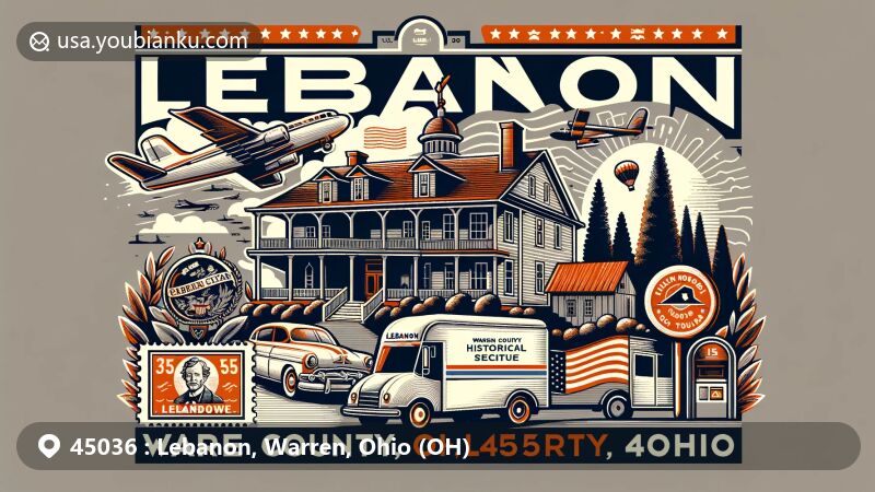Vibrant illustration of Lebanon, Warren County, Ohio, with ZIP code 45036, featuring Golden Lamb Inn, juniper trees, vintage postal elements, and historical symbols, showcasing the city's rich history and natural beauty.