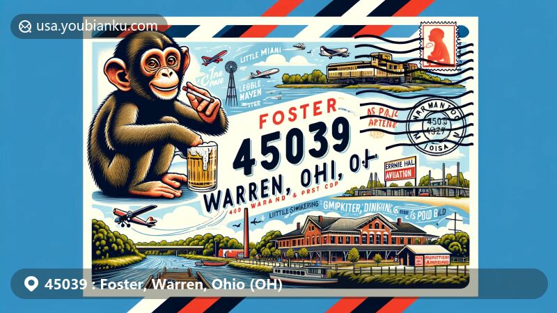 Modern illustration of Foster, Warren County, Ohio, presenting postal theme with ZIP code 45039, featuring Little Miami River, Monkey Bar and Grille, Little Miami Bike Trail, and Ernie Hall Aviation Museum.
