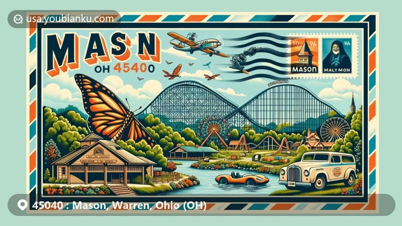 Modern illustration of Mason, Ohio, showcasing postal theme with ZIP code 45040, featuring Kings Island amusement park, Pine Hill Lakes Park, and Makino Park.