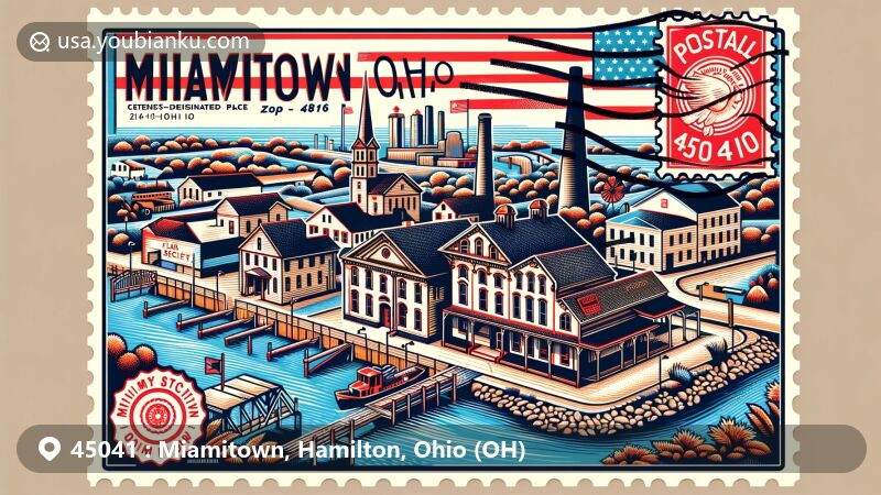 Modern illustration of Miamitown, Hamilton County, Ohio, highlighting postal theme with ZIP code 45041, featuring historical society building, fire station, vintage flour mill, distillery, Great Miami River, and Ohio state flag.