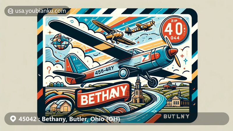 Modern illustration of Bethany, Butler County, Ohio, showcasing postal theme with ZIP code 45042, featuring airmail envelope, Butler County Warbirds aircraft, and Liberty Township landscapes.