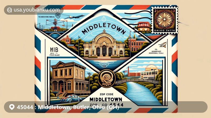 Modern illustration of Middletown, Ohio, featuring Sorg Opera House, BeauVerre Riordan Studios, Smith Park, and The Canal Museum.