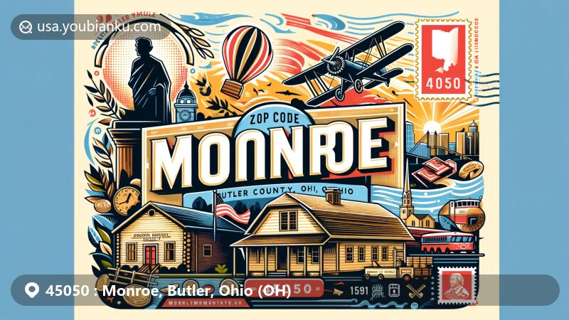 Modern illustration of Monroe, Butler County, Ohio, blending local landmarks like Monroe Historical Society, Pioneer Log Cabin, and Lux Mundi statue with postal theme including postcard, air mail envelope, stamps, and postmarks.