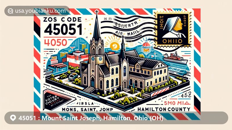 Modern illustration of Mount Saint Joseph, Hamilton County, Ohio, featuring postal theme with ZIP code 45051, showcasing Mount St. Joseph University and Sisters of Charity of Cincinnati.
