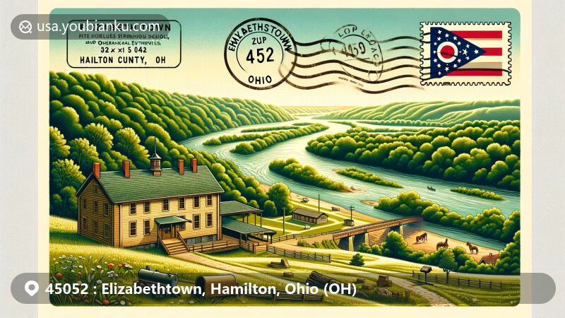 Modern illustration of Elizabethtown, Hamilton County, Ohio, with ZIP code 45052, featuring Shawnee Lookout's Springhouse School and Log Cabin, Ohio and Great Miami River valleys, vintage postcard format with postal elements.