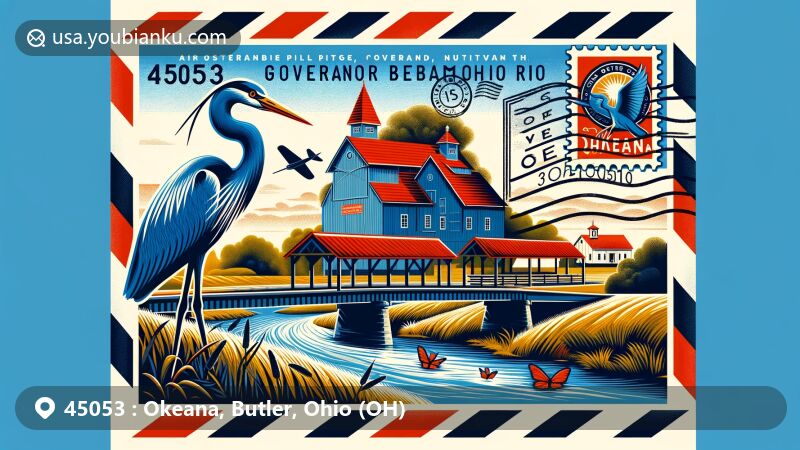 Modern illustration of Okeana, Butler County, Ohio, highlighting postal theme with ZIP code 45053, featuring Governor Bebb MetroPark, pioneer village, covered bridge, and native wildlife, incorporating the blue heron symbol from the Okeana flag.