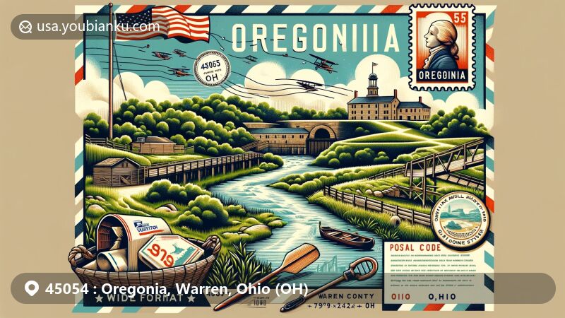 Modern illustration of Oregonia area, Ohio, blending postal elements with Fort Ancient State Memorial as central landmark, Mathers Mill Nature Preserve for natural beauty, and vintage airmail envelope with ZIP code 45054.
