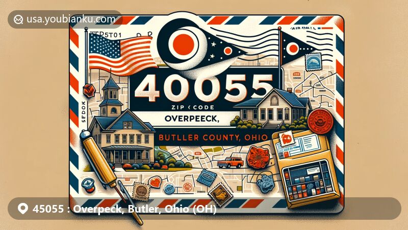 Modern illustration of Overpeck, Butler County, Ohio, featuring a postcard with ZIP code 45055, Ohio state flag, and postal elements, symbolizing the community's postal heritage.