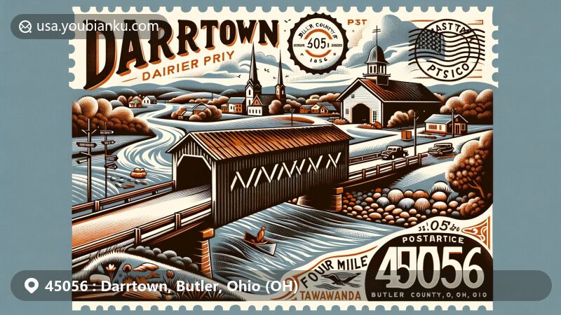 Modern illustration of Darrtown, Butler County, Ohio, showcasing postal theme with ZIP code 45056, featuring Darrtown Pike and Black Covered Bridge, highlighting historical and agricultural elements.