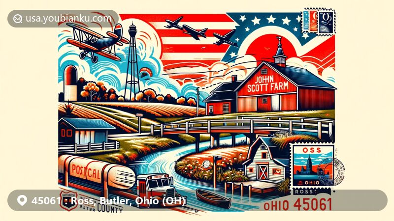 Vintage-style illustration of Ross, Butler County, Ohio (OH) with postal theme and iconic landmarks, featuring the John Scott Farm, the Great Miami River, Ohio state flag, and Butler County's outline.