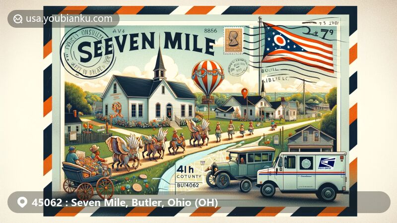 Whimsical illustration of Seven Mile, Butler County, Ohio, depicting a nostalgic village parade inspired by 'Rag'n Fads' event, with children in tattered costumes, integrated postal elements, and Ohio state flag.