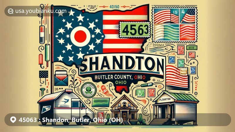 Modern illustration of Shandon, Butler County, Ohio, featuring ZIP code 45063, incorporating Ohio state flag, Butler County outline, postcard, stamps, postmark, ZIP Code identifier, mailbox, and mail truck.