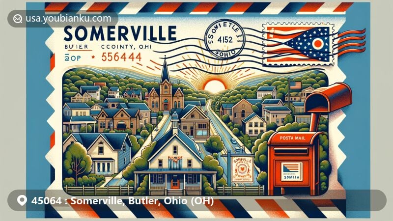 Modern illustration of Somerville, Butler County, Ohio, portraying the charm of a serene small town with postal elements, including vintage airmail envelope, Ohio state flag stamp, ZIP code 45064 cancellation stamp, and classic red mailbox.