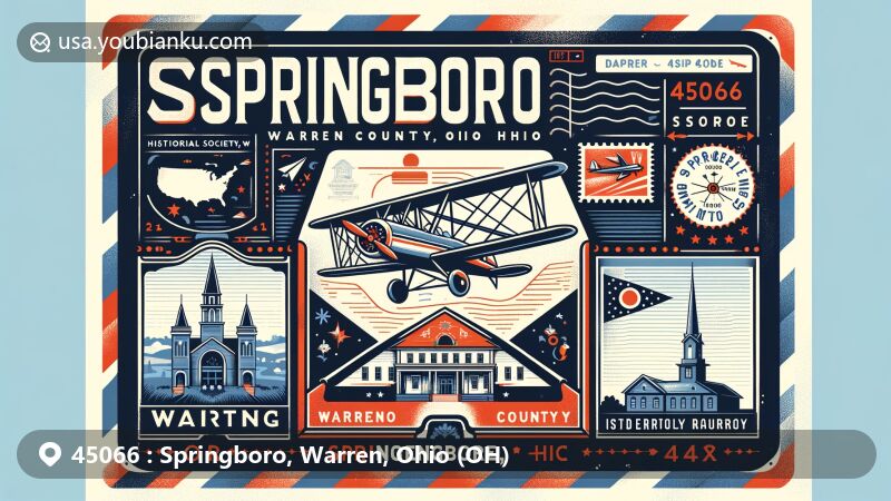Modern illustration of Springboro, Warren County, Ohio, featuring vintage air mail envelope with Wright B Flyer plane, Warren County silhouette, and Springboro Historical Society Museum.