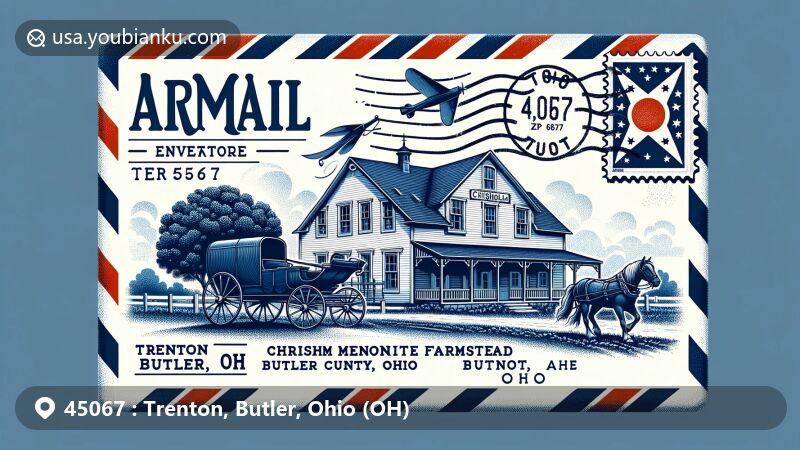 Modern illustration of 45067 Trenton, Butler, Ohio, featuring airmail envelope canvas with Chrisholm Historic Farmstead, representing Amish Mennonite heritage, incorporating local cultural elements like horse-drawn carriage and farming tools, including Ohio state flag, vintage stamp, and postmark with ZIP code 45067 and Trenton, Butler, OH text.