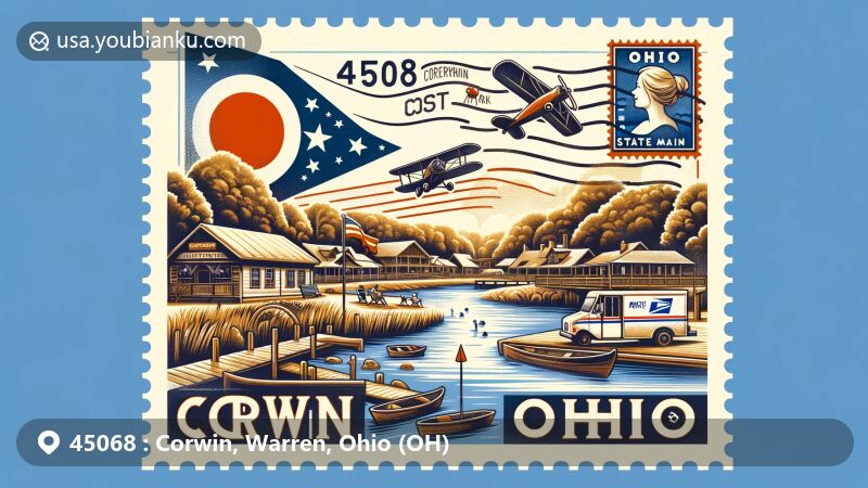Modern illustration of Corwin, Warren County, Ohio, showcasing postal code 45068, featuring Caesar Creek State Park landscapes and Ohio state symbols.