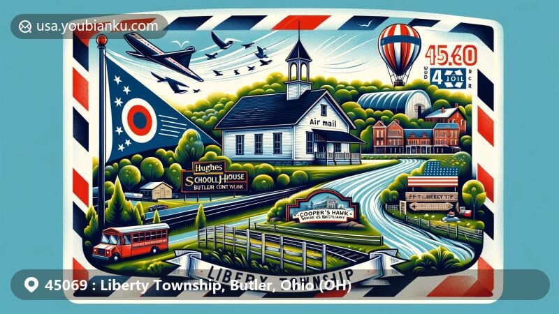 Modern illustration of Liberty Township, Butler County, Ohio, featuring postal theme with ZIP code 45069, showcasing iconic symbols like Hughes Schoolhouse, Liberty Funny Bone comedy club, Ft. Liberty Playland, and Cooper's Hawk Winery & Restaurant.