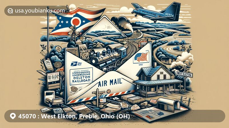 Modern illustration of West Elkton, Preble County, Ohio, showcasing postal theme with ZIP code 45070, featuring historic underground railroad station and Ohio state symbols.