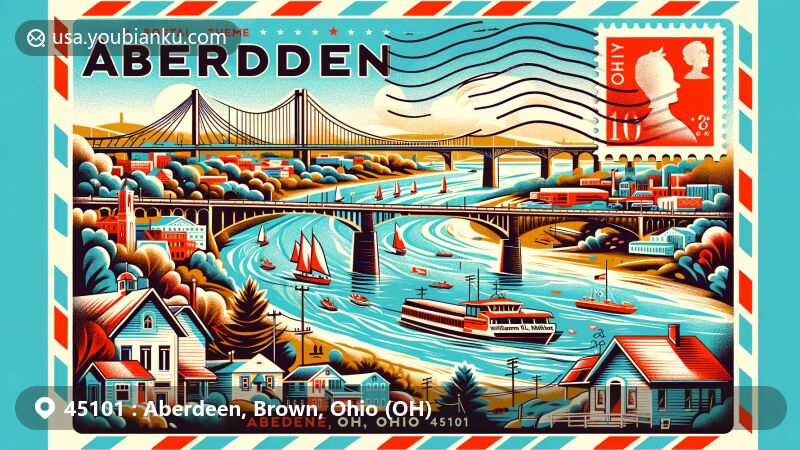 Modern illustration of Aberdeen, Ohio, showcasing postal theme with ZIP code 45101, featuring Ohio River, Simon Kenton Memorial Bridge, and William H. Harsha Bridge.