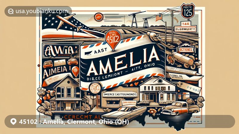 Modern illustration of Amelia, Clermont County, Ohio, featuring vintage airmail envelope with ZIP code 45102, Ohio State Route 125, community engagement symbols, and culinary scene, set against Clermont County outline.